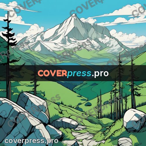 Flat colour anime illustration: snowy peak above a valley