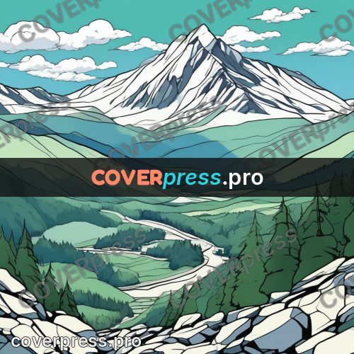 Flat colour anime illustration: snowy peak above a valley