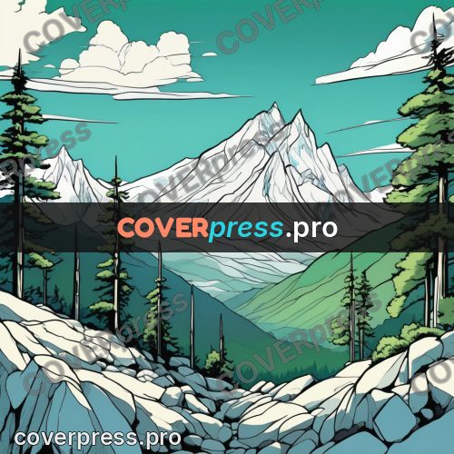 Flat colour anime illustration: snowy peak above a valley