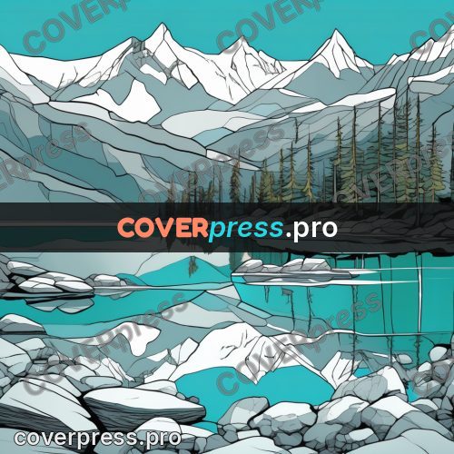 Flat colour anime illustration: mountain lake among peaks