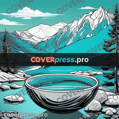 Flat colour anime illustration: mountain lake among peaks