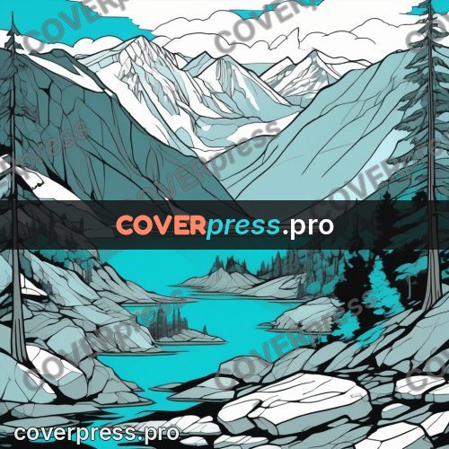 Flat colour anime illustration: mountain lake among peaks