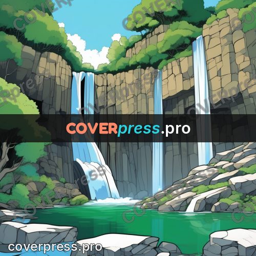 Flat colour anime illustration: waterfall between cliffs