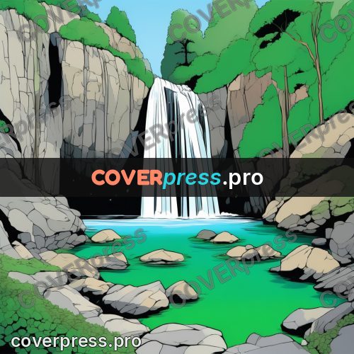 Flat colour anime illustration: waterfall between cliffs