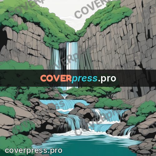 Flat colour anime illustration: waterfall between cliffs