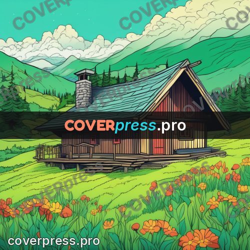 Flat colour anime illustration: wooden house in a flowering meadow