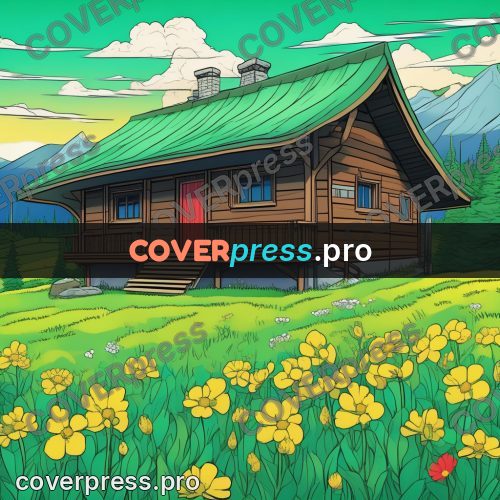 Flat colour anime illustration: wooden house in a flowering meadow