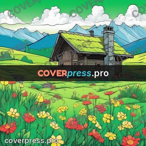 Flat colour anime illustration: wooden house in a flowering meadow