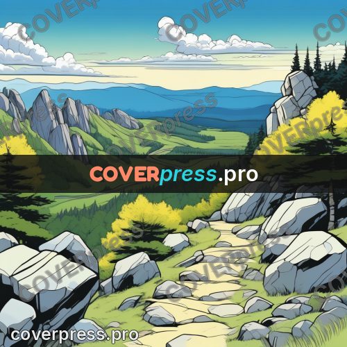 Flat colour anime illustration: stone path in the mountains