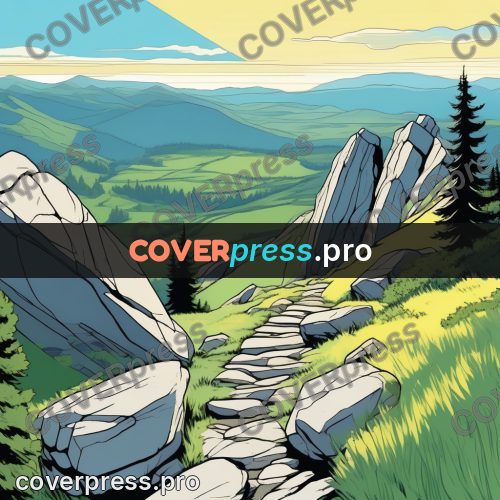Flat colour anime illustration: stone path in the mountains
