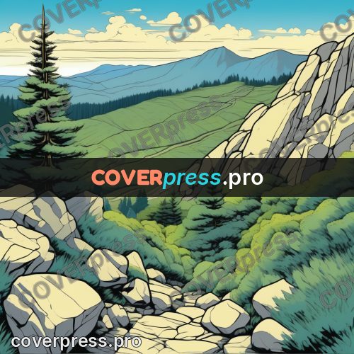 Flat colour anime illustration: stone path in the mountains