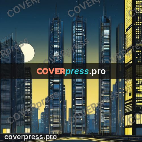 Flat colour anime illustration: skyscrapers under a night sky