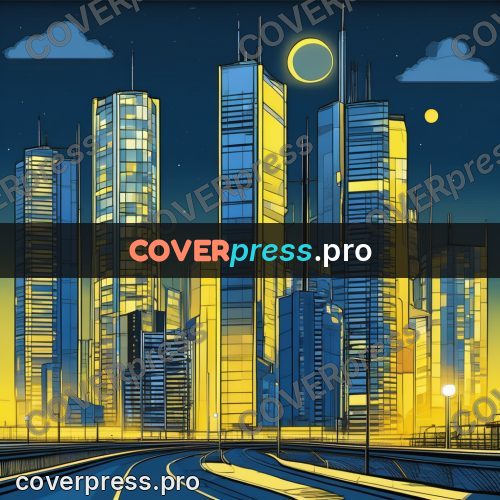 Flat colour anime illustration: skyscrapers under a night sky