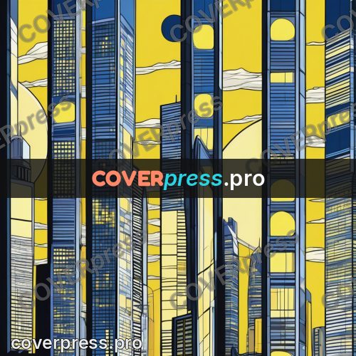 Flat colour anime illustration: skyscrapers under a night sky