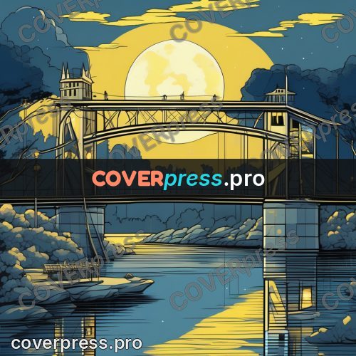 Flat colour anime illustration: bridge under a full moon