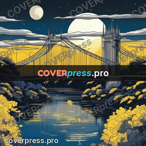 Flat colour anime illustration: bridge under a full moon