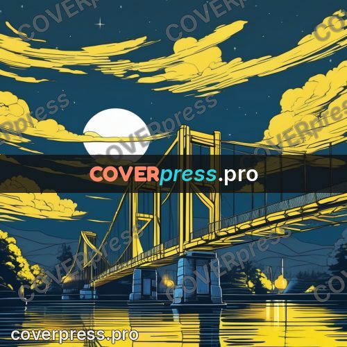 Flat colour anime illustration: bridge under a full moon