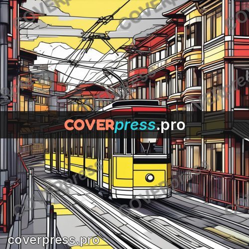 Flat colour anime illustration: tram on a city street