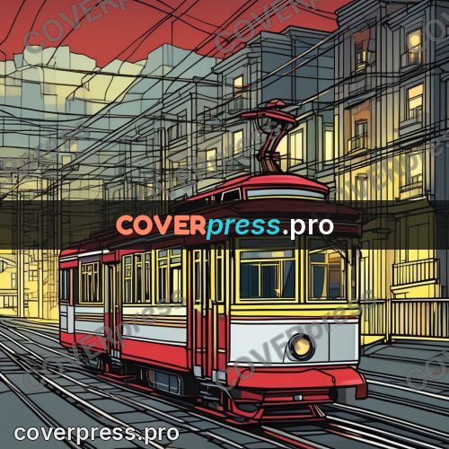Flat colour anime illustration: tram on a city street
