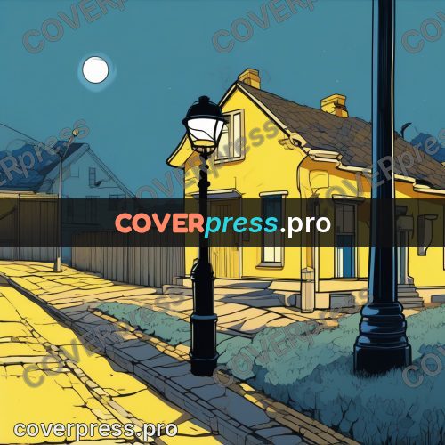 Flat colour anime illustration: lamp by yellow houses