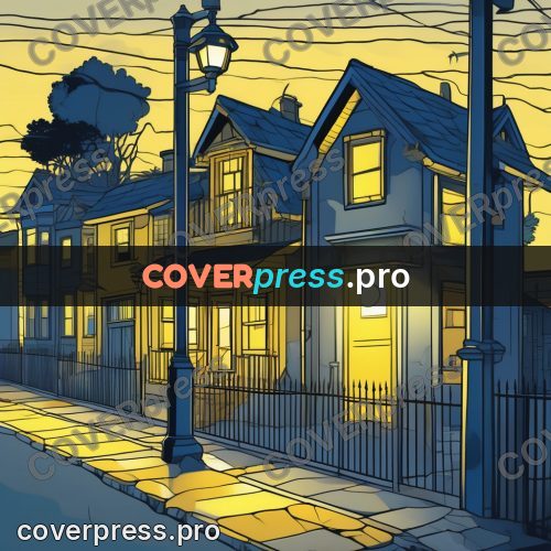 Flat colour anime illustration: lamp by yellow houses