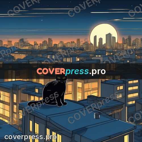 Flat colour anime illustration: black cat above a night city