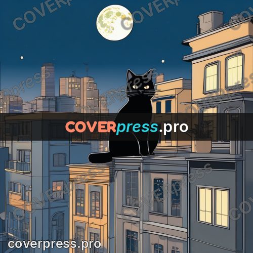 Flat colour anime illustration: black cat above a night city