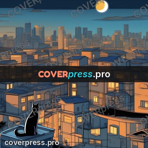 Flat colour anime illustration: black cat above a night city