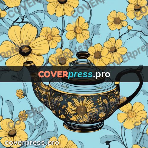 Flat colour anime illustration: teapot with a flower pattern