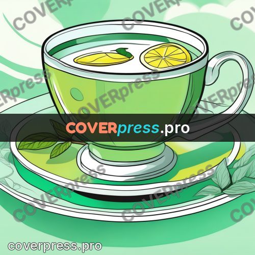 Flat colour anime illustration: cup of tea with lemon