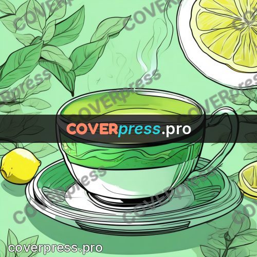 Flat colour anime illustration: cup of tea with lemon