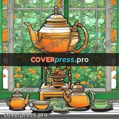 Flat colour anime illustration: brass samovar by a window