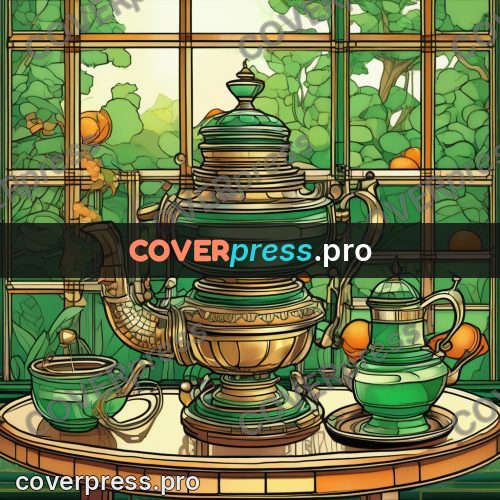 Flat colour anime illustration: brass samovar by a window