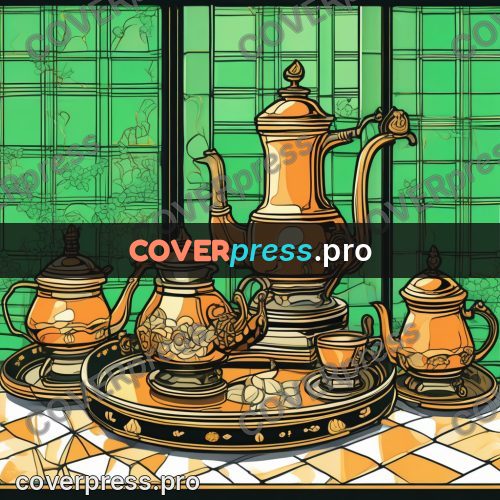 Flat colour anime illustration: brass samovar by a window
