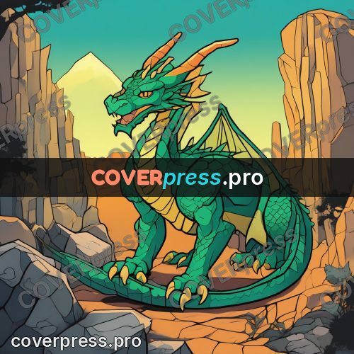 Flat colour anime illustration: green dragon on the rocks