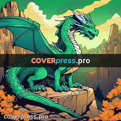 Flat colour anime illustration: green dragon on the rocks
