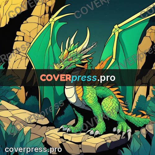 Flat colour anime illustration: green dragon on the rocks