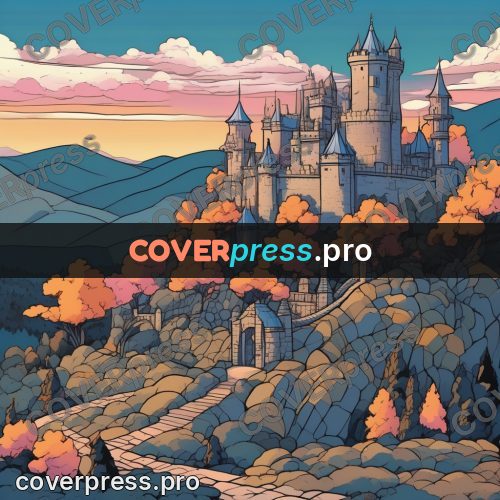 Flat colour anime illustration: castle on a hill among trees