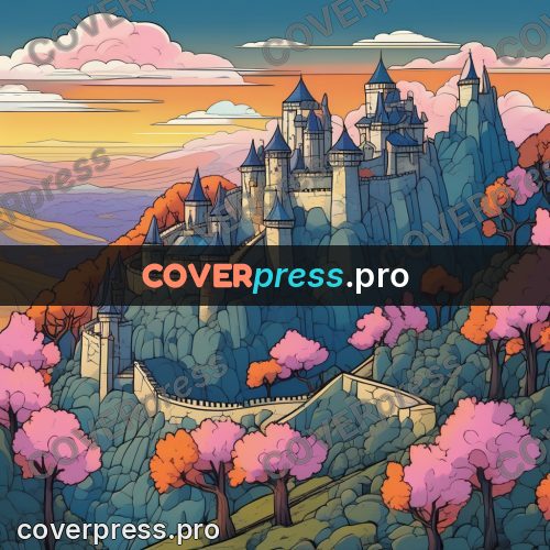 Flat colour anime illustration: castle on a hill among trees