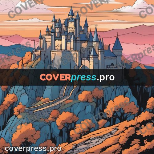Flat colour anime illustration: castle on a hill among trees
