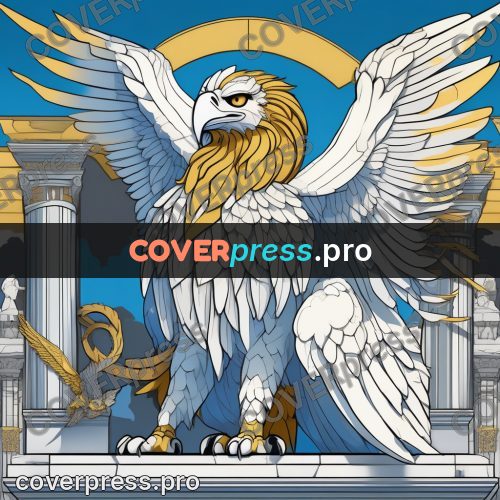 Flat colour anime illustration: griffin on a pedestal