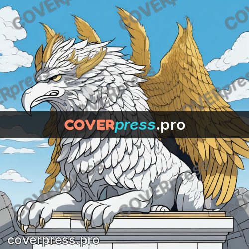 Flat colour anime illustration: griffin on a pedestal