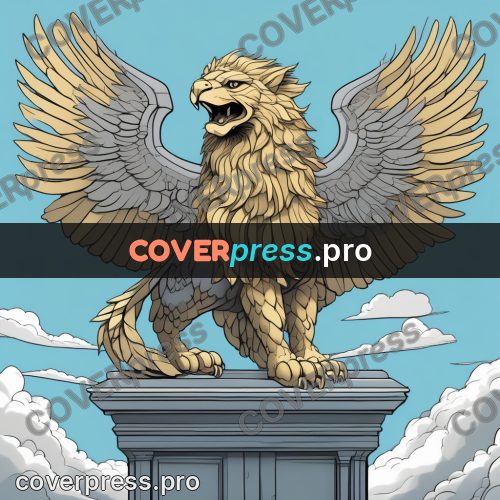 Flat colour anime illustration: griffin on a pedestal