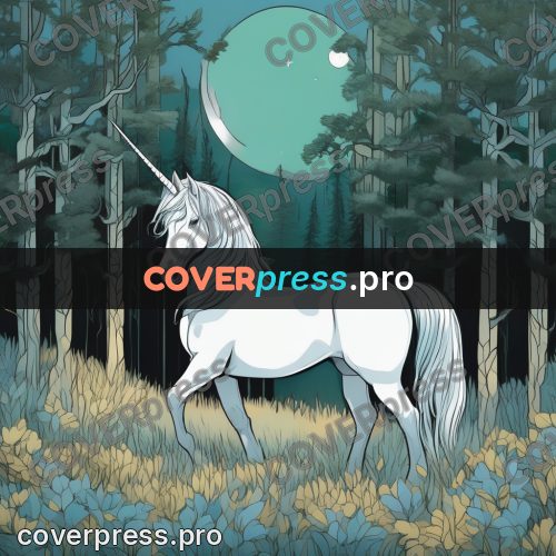 Flat colour anime illustration: unicorn in a moonlit wood