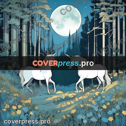 Flat colour anime illustration: unicorn in a moonlit wood