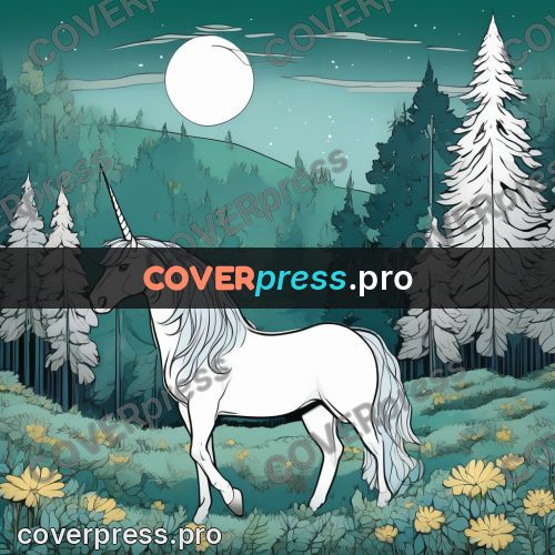 Flat colour anime illustration: unicorn in a moonlit wood