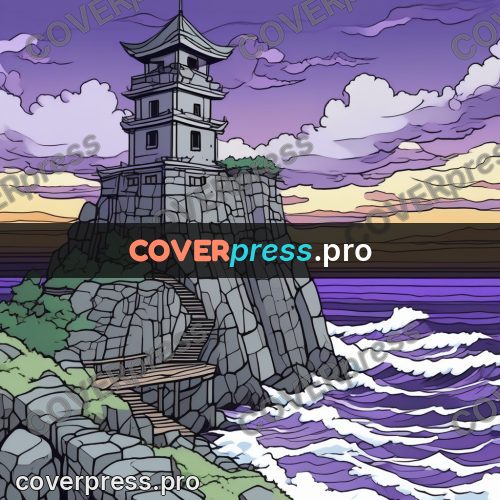 Flat colour anime illustration: tower on a sea cliff