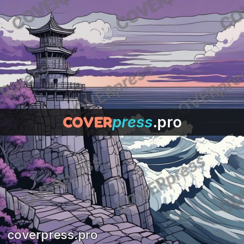 Flat colour anime illustration: tower on a sea cliff