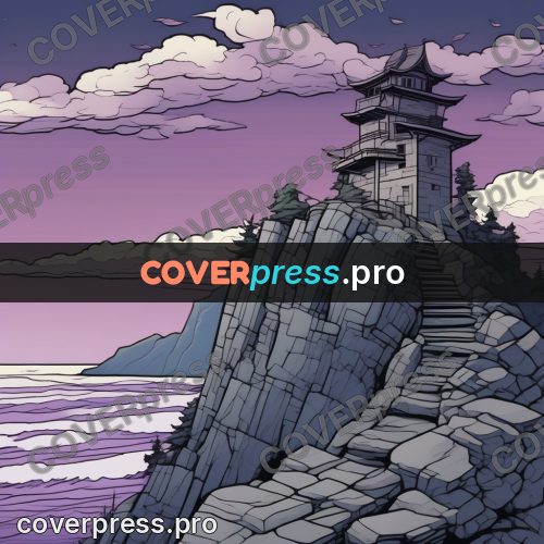Flat colour anime illustration: tower on a sea cliff