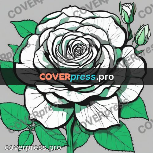 Flat colour anime illustration: white rose with leaves